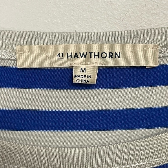 41 Hawthorne Blue Grey Short Sleeved Striped Tee, Shoulder Button Accent, Medium - Picture 3 of 7